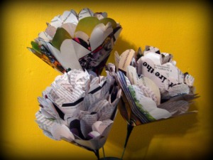 Recycled Papers flowers- Size range: bitty-large, from $2-$5 each